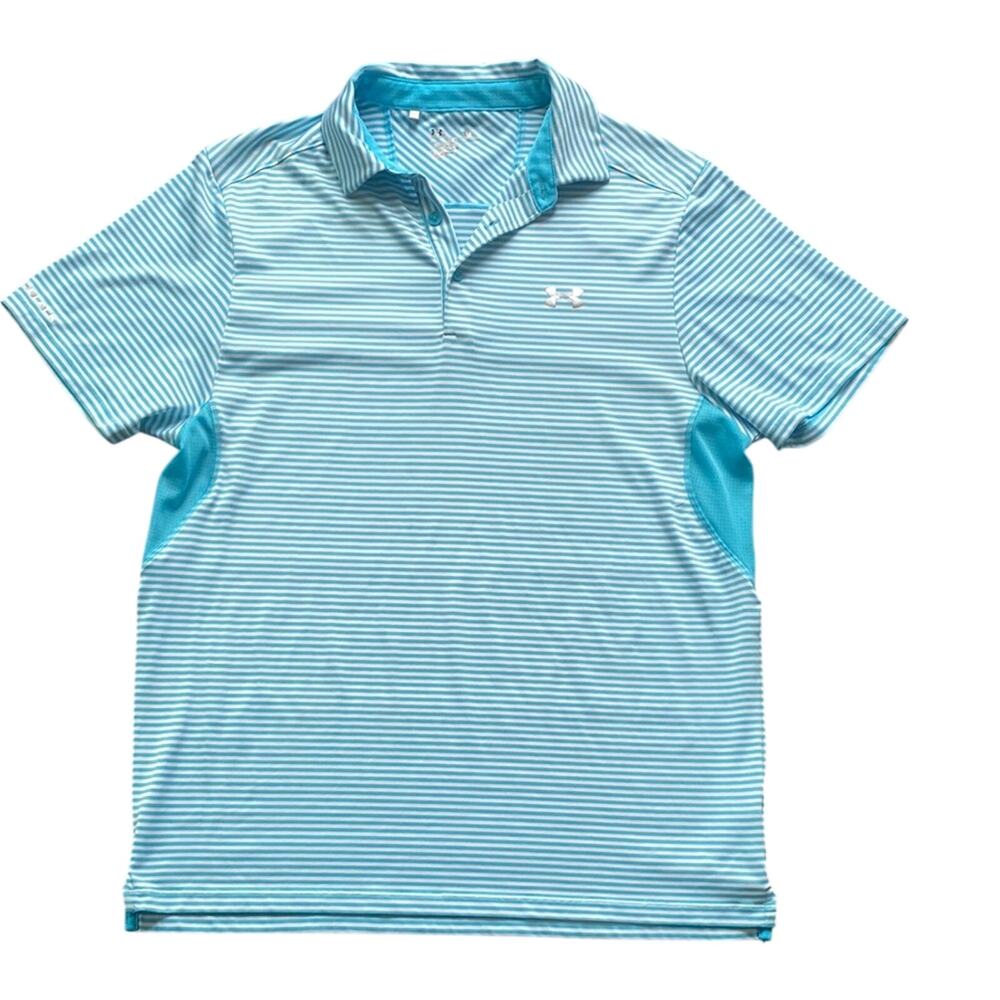 UNDER ARMOUR Striped Polo Shirt Mens Sz Large Blue White Golf